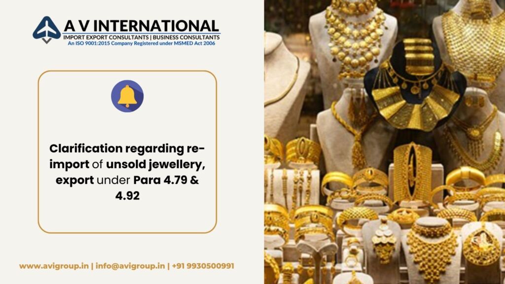 Clarification regarding re-import of unsold jewellery, export under Para 4.79 & 4.92