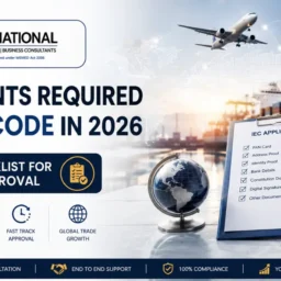 Professional featured image for “Documents Required for IEC Code in 2026” showing IEC application checklist, DGFT approval documents, export-import trade visuals, cargo shipping, and global trade compliance in a modern corporate design.
