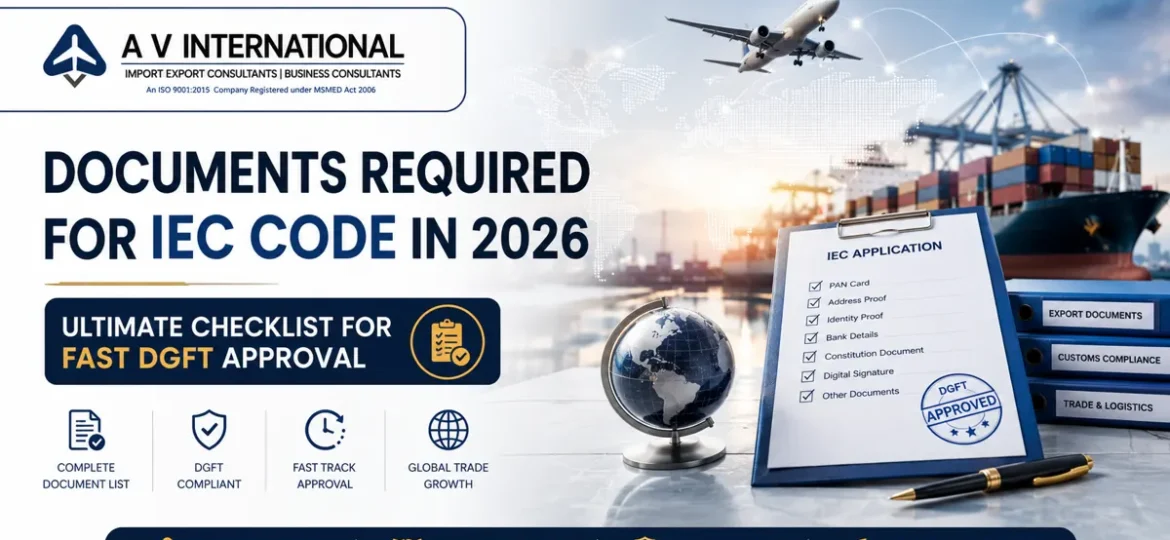 Professional featured image for “Documents Required for IEC Code in 2026” showing IEC application checklist, DGFT approval documents, export-import trade visuals, cargo shipping, and global trade compliance in a modern corporate design.