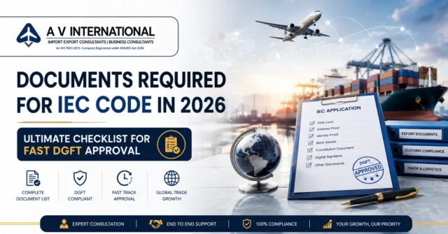 Professional featured image for “Documents Required for IEC Code in 2026” showing IEC application checklist, DGFT approval documents, export-import trade visuals, cargo shipping, and global trade compliance in a modern corporate design.